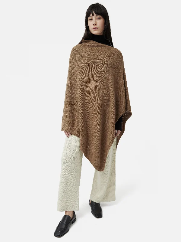 Wool Cashmere Blend Drape Poncho | Camel Elegant Slim Sweater